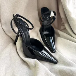 Casual Designer Black Patent Leather Strass Stiletto Slingback Strappy Women's Fashion High Heels Strappy Luxury Shoes Sandals