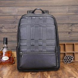 Backpack 2024 Striped Real Genuine Leather Men Backpacks Student Cowhide 15.6 Inch Computer Laptop Bag