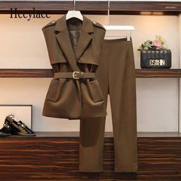 Women's Two Piece Pants Women Autumn Winter Clothing Elegant Office Pant Suit Noted Vest Jacket Top And Set Matching Outfit