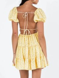 Casual Dresses Women Y2k Backless Bustier Croset Mini Dress Flowing Swing Short Puff Sleeve Floral Print Sundress