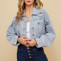 Women's Jackets Fall Fashion Jean Overcoat Women Turndown Collar Splice Tassel Long Sleeve Denim Jacket Loose Button Down Cropped Chic Tops