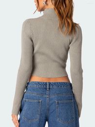 Women's Knits Women Spring Stand Collar Ribbed Knit Zip Up Sweater Solid Long Sleeve Cardigan Fall Crop Tops Y2k Slim Clothes