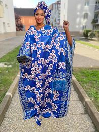 Ethnic Clothing Royal Blue Printed Bazin Riche Dashiki Robe For Nigeria Women Daily Free Size Top Quality Original Dresses