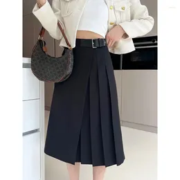 Skirts High Waist Pleated Women College Simple Trendy Japanese Style All-match Midi Leisure Graceful Female Autumn Designer