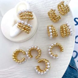 5Pairs Korean Women Gold Plated Pearl Shell Ear Cuff Vintage Geometric Circle Earcuff Fake Piercing Pearls Clip on Earings 240202