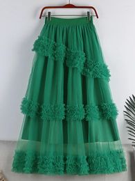 Skirts 2024 Sweet Cake Tulle Skirt Women Elegant Midi Long High Waist A Line Female Winter Yellow Green Party Lady