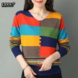 Puzzle Patchwork Print Vneck Long Sleeved Fashion Spring Autumn Tshirts Skinny Causal Top Allmatch Cotton Women's Clothing 240127