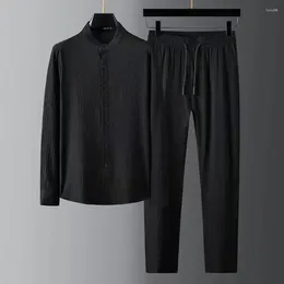 Men's Tracksuits 2024 Spring Summer Fashion Suit Long Sleeve Casual Tops Pants Seersucker Striped Pleated Stand Collar Shirt 2 PCS Sets