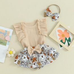 Clothing Sets Baby Girls Summer Outfit Toddler Infant Solid Colour Ruffled Sleeve Romper Floral Leopard Print Short Born Clothes