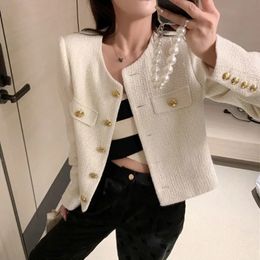 QWEEK Korean Tweed Jackets Women Oversized Single Breasted Woolen Short Coats Autumn Spring Vintage Outerwear Crop Top 240124