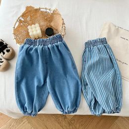 Trousers 2024 Spring Kids Boys Striped Jeans Solid Girl Children Pockets Denim Pants Loose Baby Casual Toddler Cotton