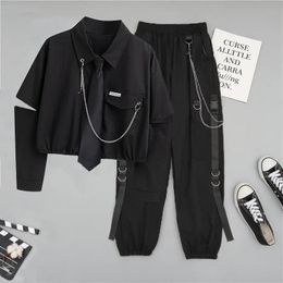 Womens Cargo Pants Handsome Cool 2 Two-piece Suit Sets with Chain Harajuku Long Sleeveribbon Pants Spring Autumn Overalls Tops 240130