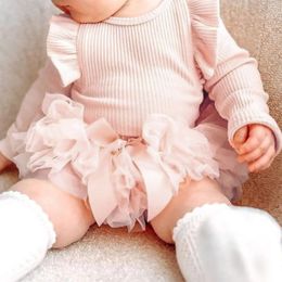 Infant Baby Girl Princess Lovely Clothes Suit Fall Spring Long Sleeve Knitted Rompers Layered Tulle Skirts Headband 3Pcs Set 240127