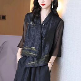 Ethnic Clothing 2024 Traditional Chinese Vintage Suit National Flower Embroidery Mesh Coat Women Work Office Blazer Oriental Tang