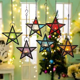 Antique Iron Art Stained Glass Wind Lamp Candle Holder Pentagonal Windproof Candlestick Morocco Star Bar Decoration 240125