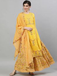 Ethnic Clothing Saree Style Women's Sari Suit Cotton Silk Round Neck Long Print Daily Casual Yellow