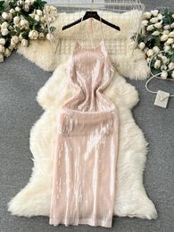 Casual Dresses Women Sexy Sequin Fashion Backless Mid Length Hanging Neck Bodycon Dress Summer Sleeveless Elegant Party Vestidos