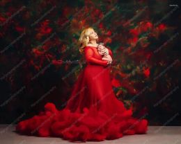 Casual Dresses Red Tulle Po Shoot Long Sleeves Sexy Sheer See Through Puffy Maternity Plus Size Ruffles With Flares