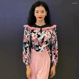 Stage Wear Ballroom Dance Tops Fairy Pink Flower Print Long Sleeves Latin Practice Clothes Rumba Dancing Performance Costume DNV19346