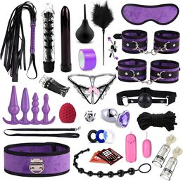 BDSM Leather Sex Toys Kit,33PCS Double-Sided Fluff Sex Bondage Sets Restraint Kit with Handcuffs Ankel Cuff Anal Butt