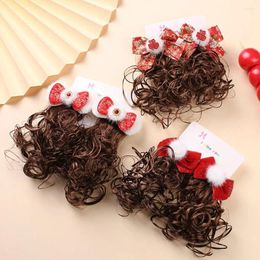 Hair Accessories Children Wig Curly Hairpin Chinese Style Princess Red Bow Clip Hanfu Headdress Year Barrettes Kids