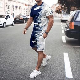 Short sleeved Tshirt and shorts set with patchwork pattern 3D printing for mens Personalised casual fashion round neck short s 240201