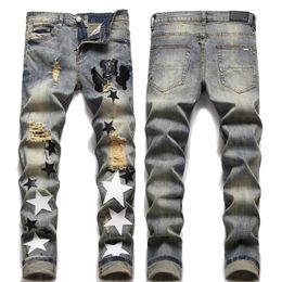 High Quality Men's Slimfit Hole Ripped Blue JeansLight Luxury Embroidery Decorating Hip Hop JeansStylish Sexy Street Jeans 240131