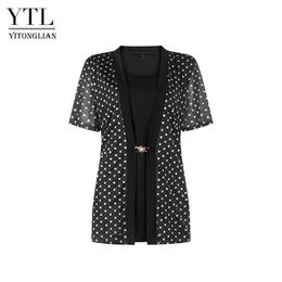 Yitonglian Fashion Woman Blouse Plus Size Summer Dot Floral Print Short Sleeve Colorblock Tunic T Shirts Tops 6XL 7XL W134 240126