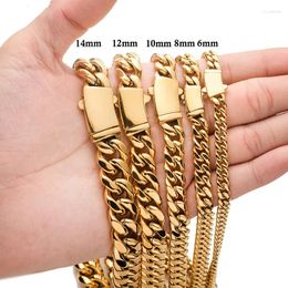 Chains 6-14mm Vacuum Plating Bling Titanium Stainless Steel Curved Buckle Cuban Miami Link Chain Necklaces For Men Hip Hop Rock Jewelry