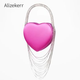 Alizekerr Rhinestone Tassel Evening Clutch Bags Women Chic And Elegant Boutique Heart Shaped Diamond Satin Purses And Handbags 240131