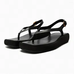 Sandals 2024 Flip-flop Spring Women's Shoes Black Waterproof Table Thick Bottom Cow Leather Flat Sandal