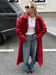 Long Red Fake Leather Trench Coats Women Slim Waist Back High Cut Up Sleeve Solid Faux Jackets Lady Streetwear 240122