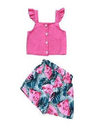 Girl Flying Sleeve Square Collar Solid Colour Tops and Shorts Pants Set Baby Cotton Button Tshirt and Watermelon Print Trousers Su5989616