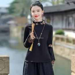 Ethnic Clothing 2024 Chinese Style Autumn-winter Vintage Elastic Cotton Embroidery High Neck Splicing Lace Base T-shirt Long Sleeve T001