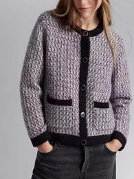 Women's Jackets Autumn 2024 Women Tweed Knitted Cardigan Long Sleeve Tops Female Splices O-Neck Casual Single Breasted Vintage Jacket