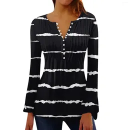 Women's T Shirts Fashion Striped Printed V-Neck Long Flared Sleeve Pleated Button T-Shirt Top Blusa Mujer Moda 2024 Plus Size Oberteile