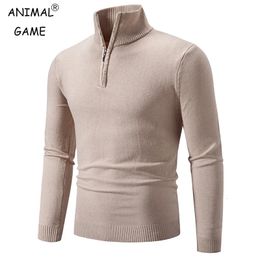 Men's Sweater Half Zipper Pullovers Winter Warm Stand Collar Turtleneck Cotton Knitted Sweater Men Solid Colour Sweatwear 240123