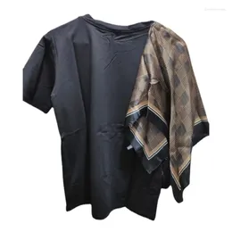 Women's T Shirts 2024 Spring Summer Black T-Shirt Plaid Scarf Stitching Round Neck Tshirt Korean Fashion Top Cotton Tees