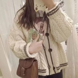 Beige Star Cute College Single Breasted Sweater Women Autumn Korean Woman Sweaters Contrast Color V-neck Knitted Cardigan 240201