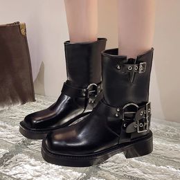 Rimocy Autumn Buckle Punk Ongle Boot Pu Leather Med Heel Motorcycle Boots Woman Plus 42 Platform Platfor