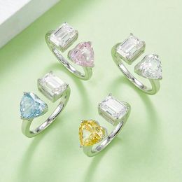 Cluster Rings GEM'S BALLET Heart High Carbon Diamond Emerald Cut Moissanite 925 Sterling Silver Engagement Promise In Toi Et Moie Ring