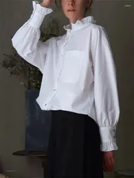 Women's Blouses Women French Ruffles Trim Collar Blouse Minimalist Silhouette Cotton Lady Single-Breasted Single Pocket Shirt And Top