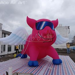 wholesale 5m L Inflatable Cartoon Flying Pig Pink Piggy Animal Model With Wings For Film Festival Decoration Or Party