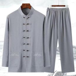 Men's Tracksuits Men 2-piece Sportswear Set Chinese Traditional Tang Suit For With Stand Collar Shirt Wide Leg Trousers 2 Pcs/set Solid