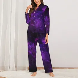 Women's Sleepwear Pajamas Women Purple Galaxy Home Nightwear The Starry Space 2 Pieces Retro Set Long-Sleeve Elegant Oversized Suit