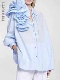 LANMREM High End 3D Pleated Flower Design Spliced Long Sleeve Shirts For Women Solid Blouses 2024 Spring Fashion Clothes 240202
