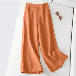 Women's Pants Retro Women Cotton Linen Spring Summer Elastic High Waist Wid-leg Straights Trousers Vintage Solid Female Pantalones