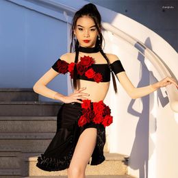 Stage Wear Flower Latin Dance Costume Girls 2024 Performance Clothes Cha Rumba Ballroom Competition Dress Kids Black L12199