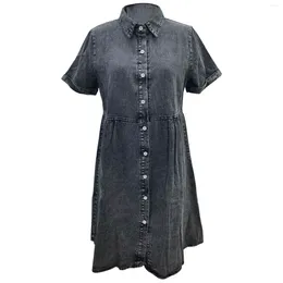 Casual Dresses Women's Causal Solid Colour Fashion Comfy Summer Short Sleeved Button Down Flowy Tiered Denim Dress Mid