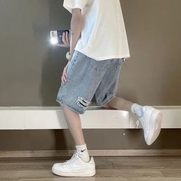 Korean Summer Mens Wide Leg Denim Shorts Solid Colour Fashion Ripped Casual Simple Straight Light Blue Male Short Jeans 240202